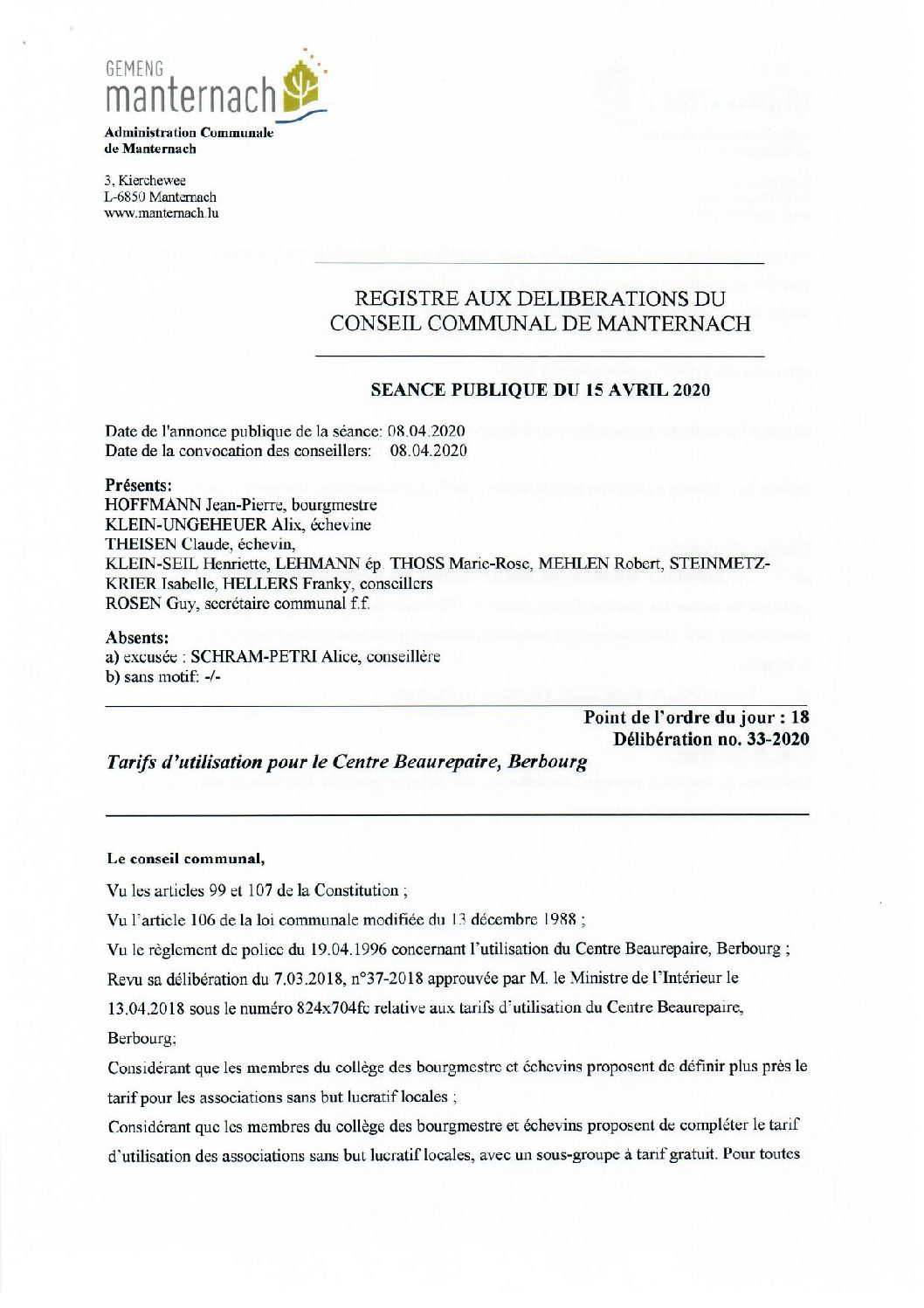 Centres culturels -Tarifs d'utilisation pour le Centre Beaurepaire à Berbourg 2020.04.15