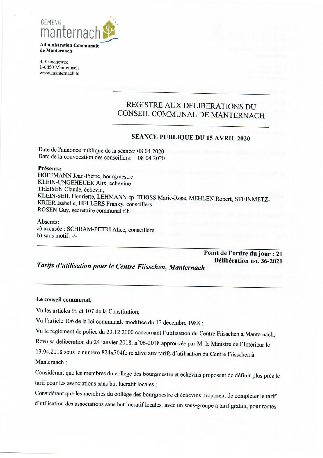 Centres culturels - Tarifs d'utilisation pour le Centre Fiisschen à Manternach 2020.04.15