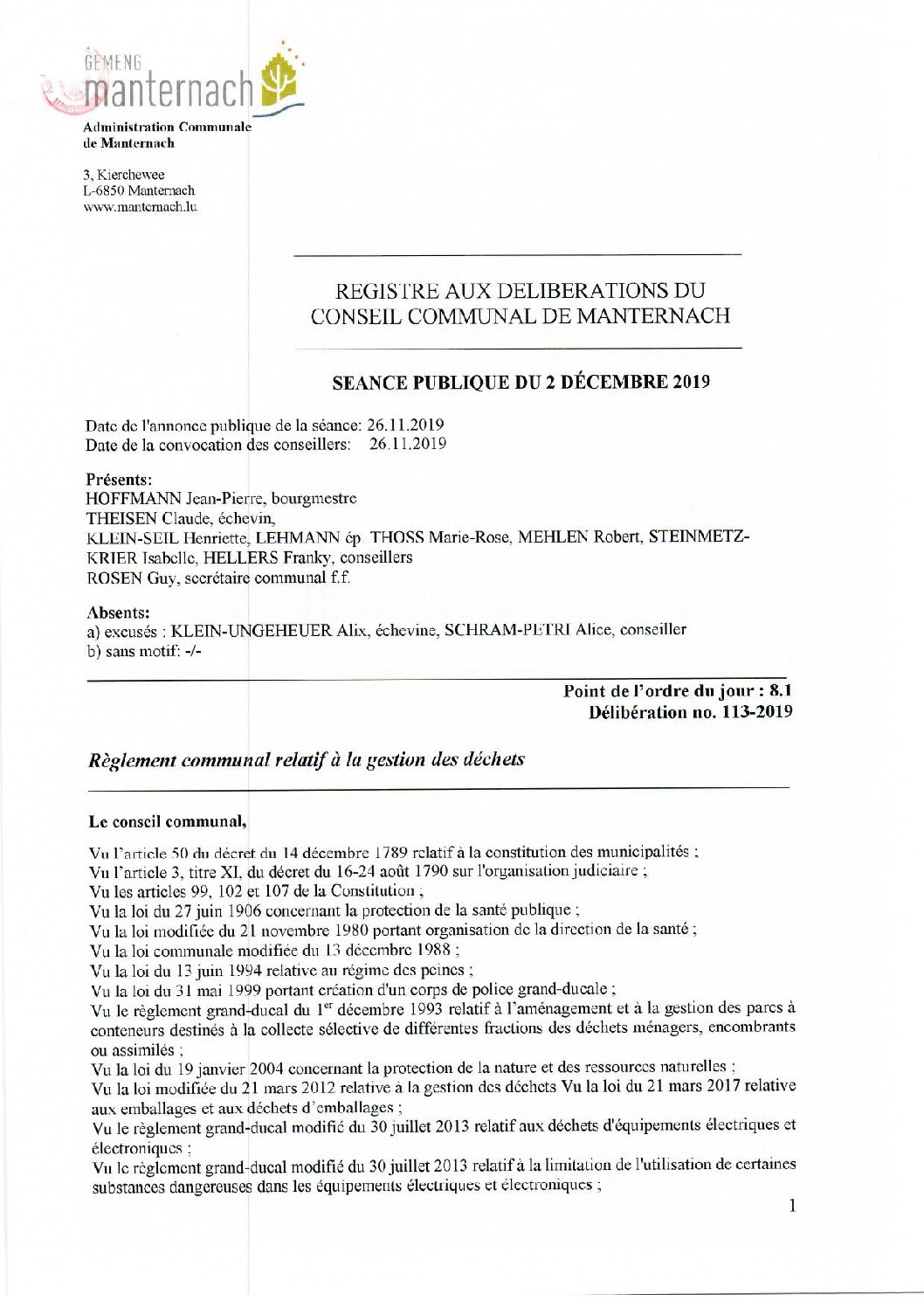 Dechets - Règlement communal relatif à la gestion des déchets 2019.12.02
