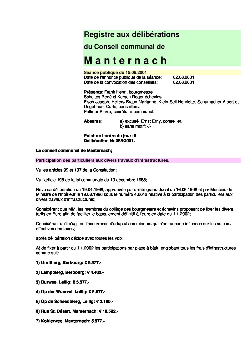 Technique - Taxe d'infrastructures 2001.06.15