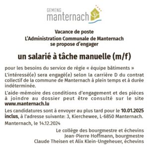 Vacance de poste salarié à tâche manuelle