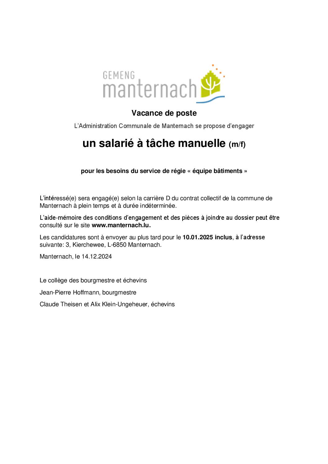 Vacance de poste électricien-Installateur