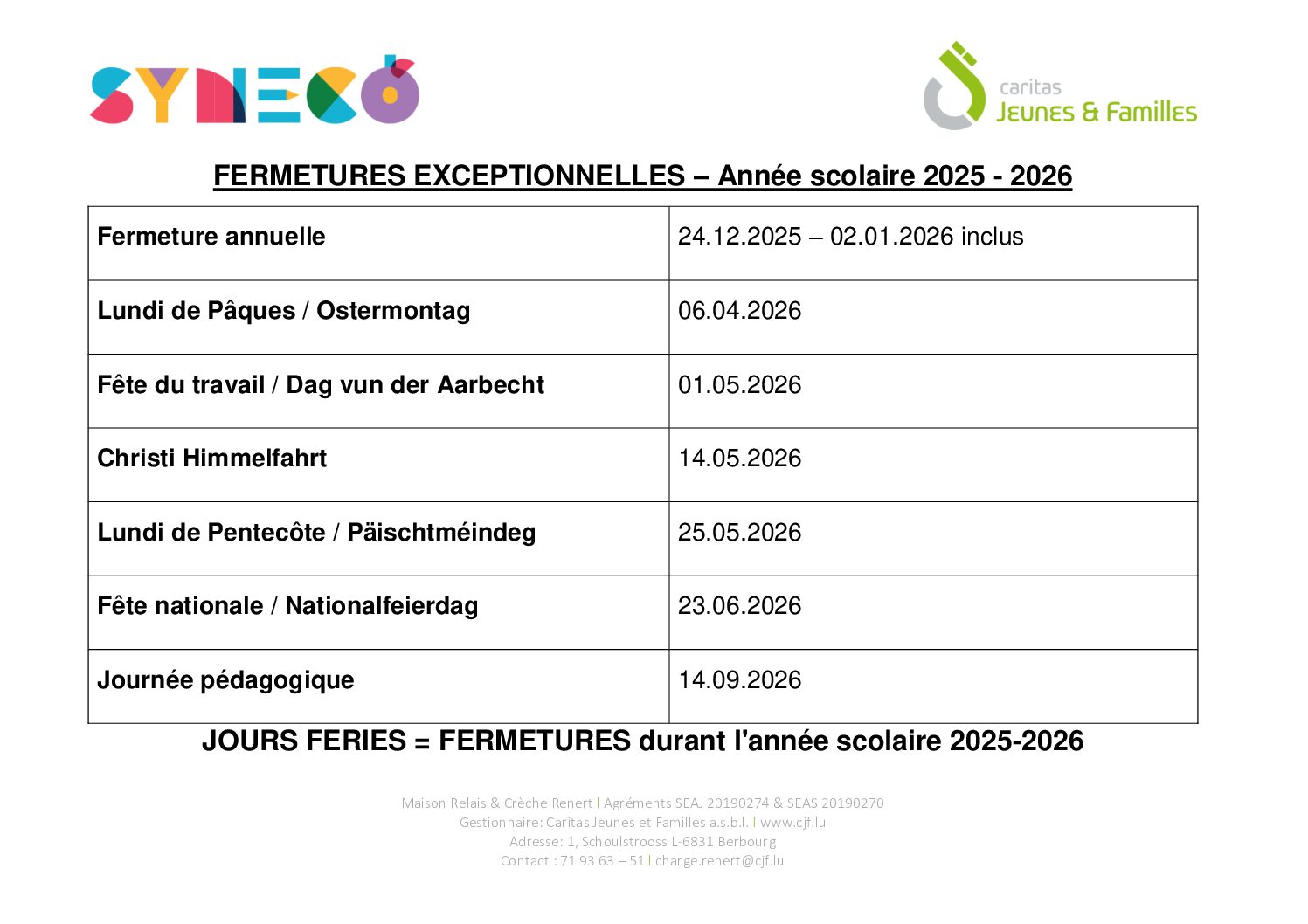 Maison Relais SYNECO - Fermeture annuelle 2025-2026