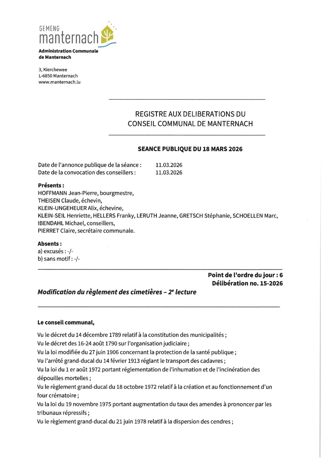 2026-15 - Modification du règlement des cimetières_2e lecture
