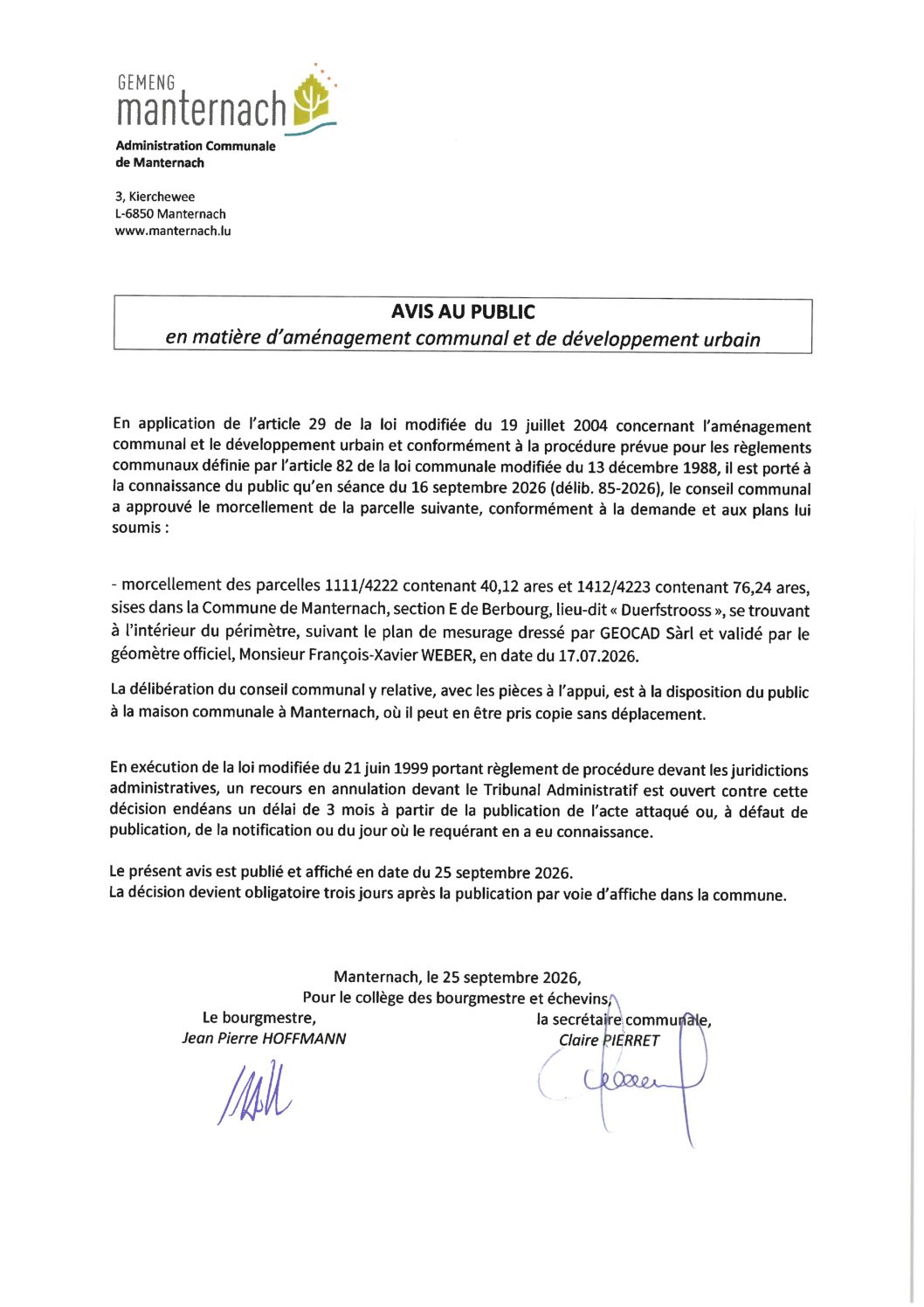 20260925 - AVIS AU PUBLIC morcellement_BE_GRUE